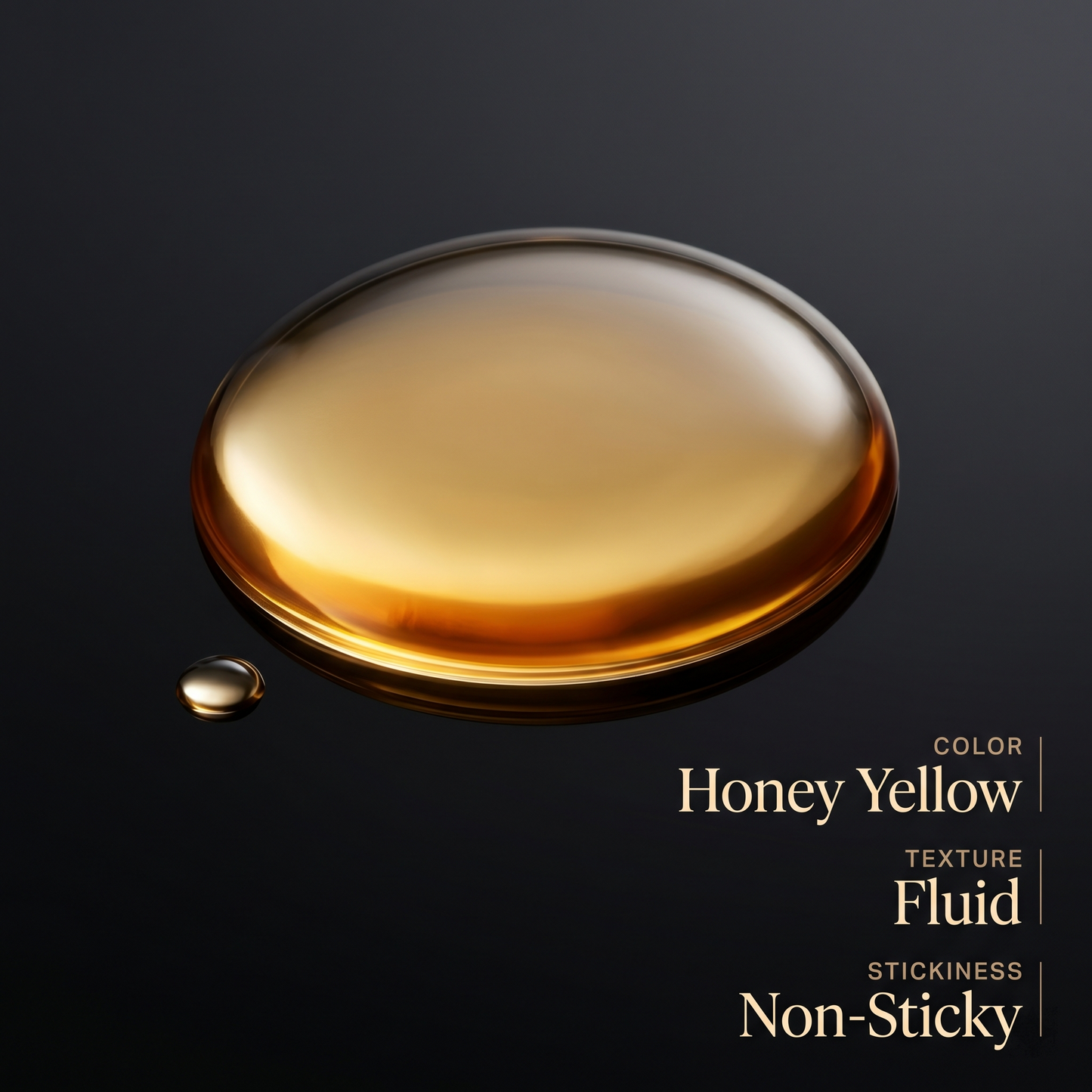Close-up of a honey yellow droplet of Black Opium inspired fragrance oil on a black surface, highlighting its fluid texture and non-sticky formula.