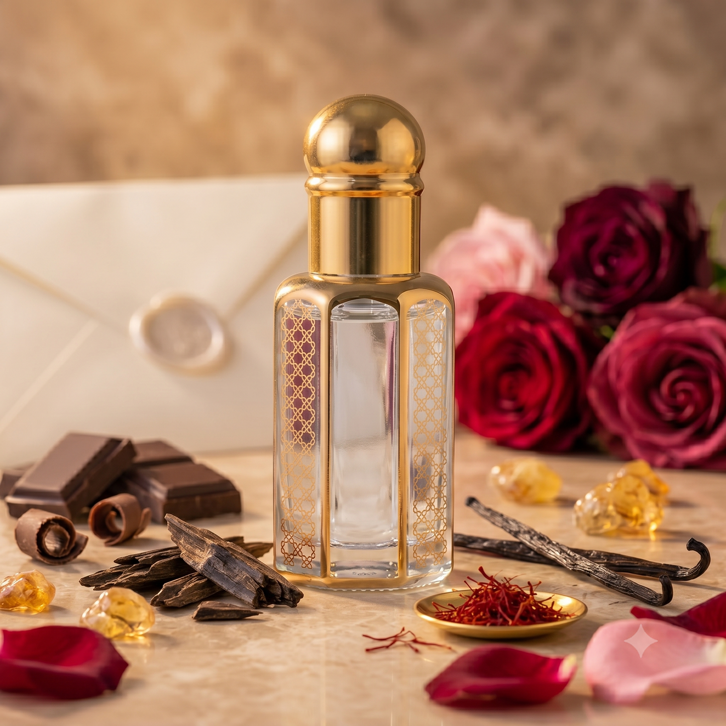 Luxury perfume oil bottle surrounded by rose petals, chocolate, saffron, vanilla, oud wood, and amber resin
