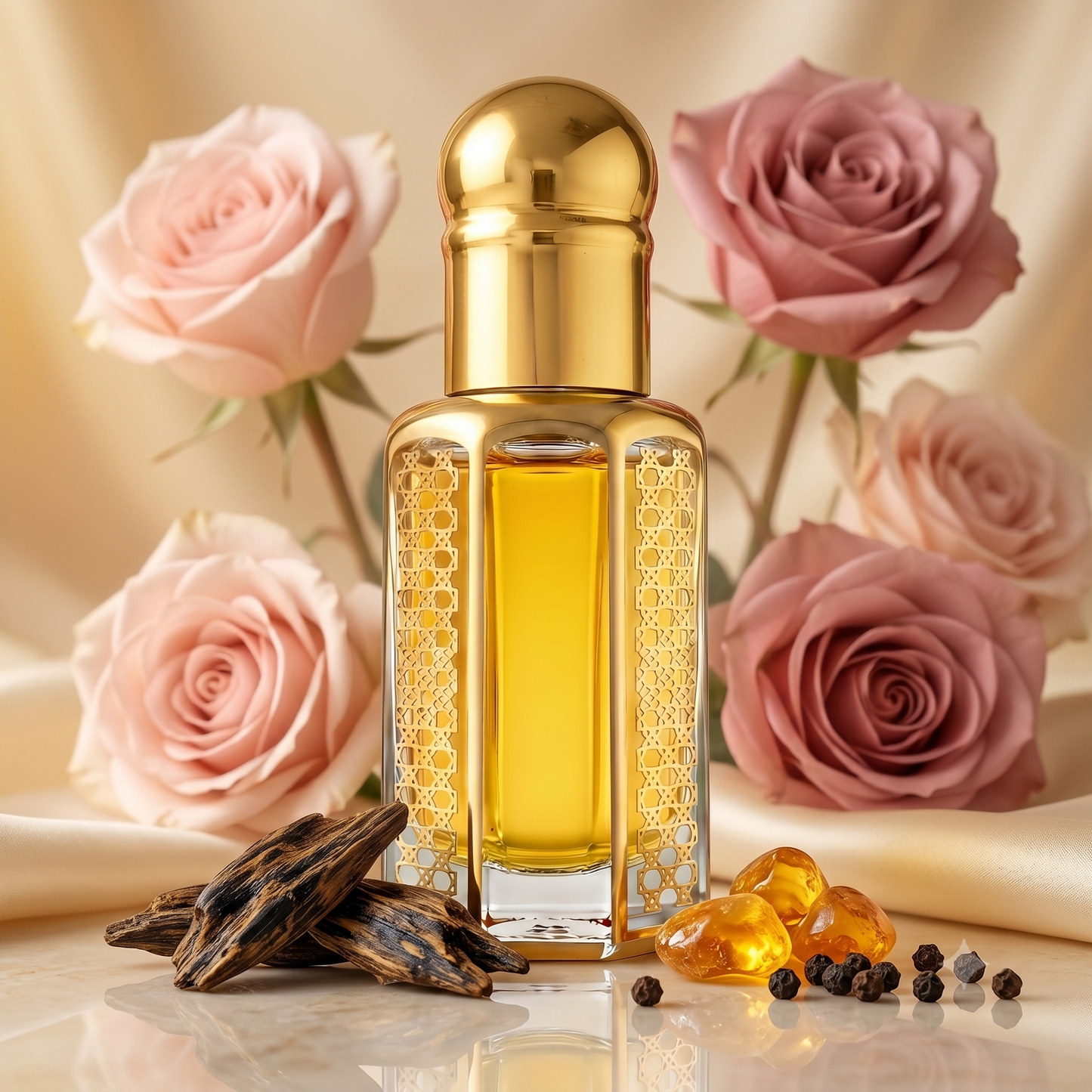 Shay perfume oil with rose flowers, resinous oud wood, amber and black pepper in a luxury scent composition