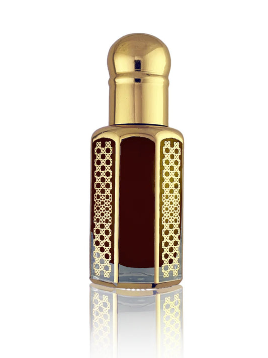 Bottle of Prachin Oud Perfume Oil – a luxurious, 100% pure aged Thai oud attar inspired by traditional bakhoor rituals. The packaging evokes warmth and depth, representing smoky incense, charred woods, and sacred oud aged over four years for a bold, mystical, and spiritual scent experience.