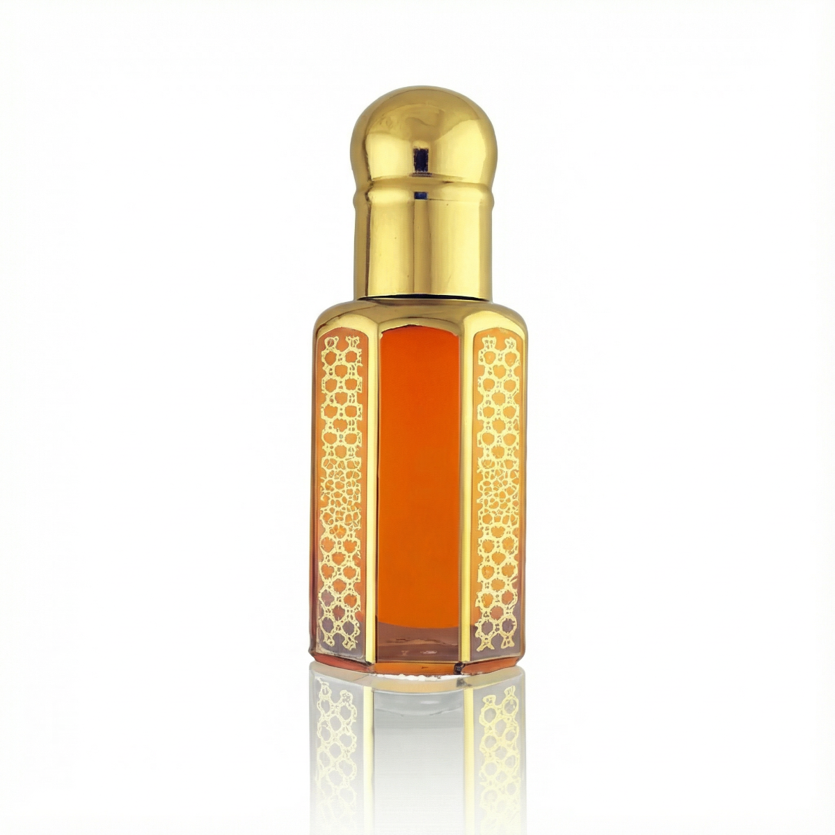 Shamamatul Amber perfume oil in a gold bottle on a white background, highlighting its warm amber oil color.