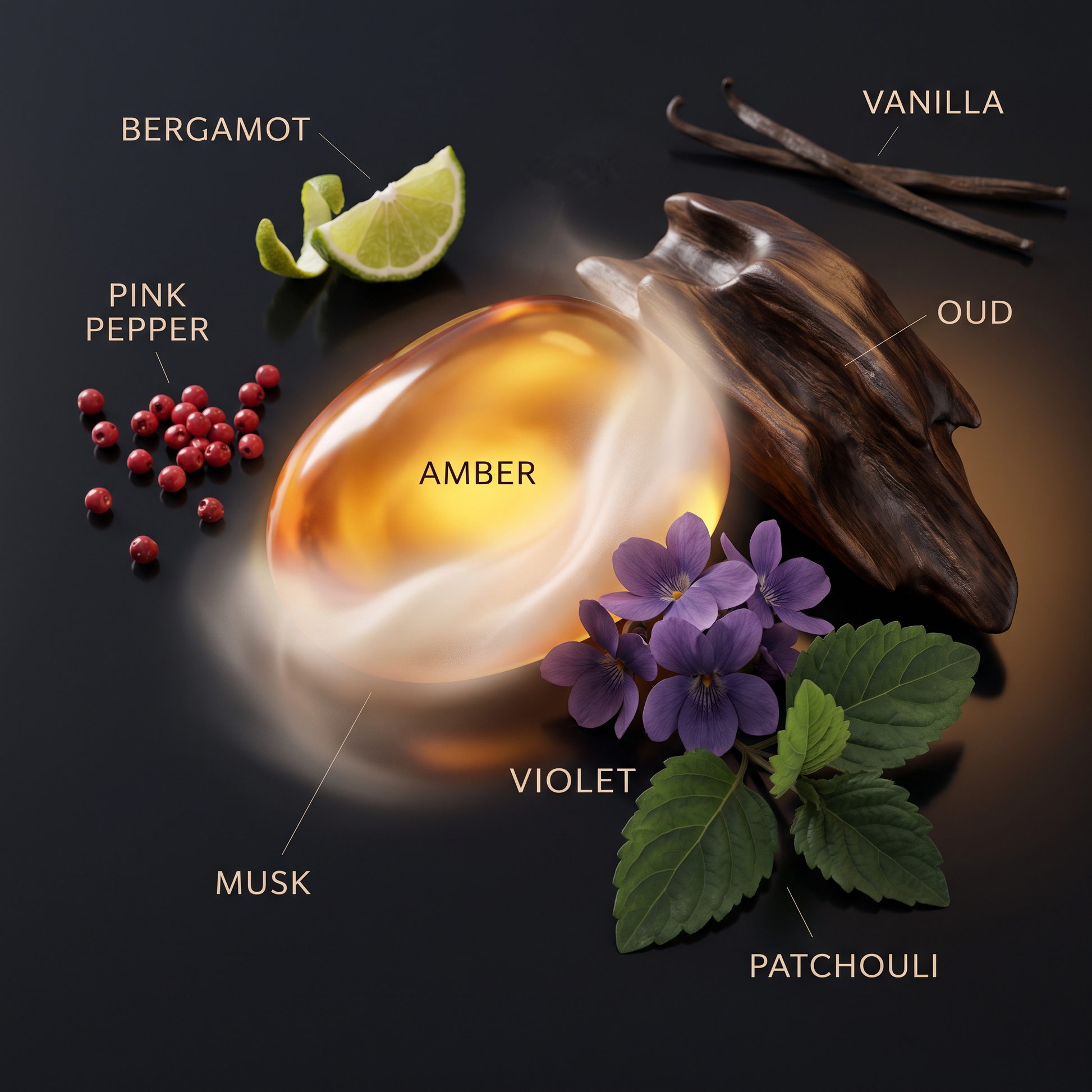 Al Fareed fragrance oil scent profile featuring amber, oud, vanilla, bergamot, pink pepper, violet, patchouli and musk notes.