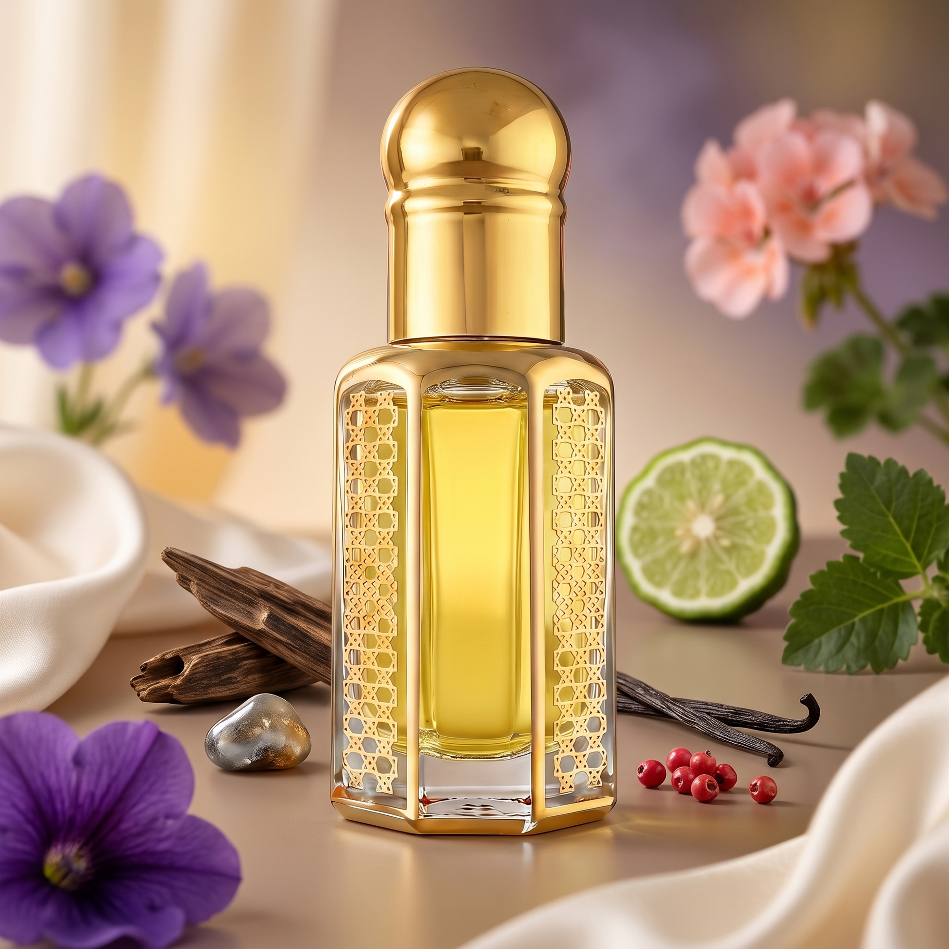 Al Fareed fragrance oil in an ornate gold attar bottle surrounded by amber, oud, vanilla, bergamot, violet and pink pepper scent notes.