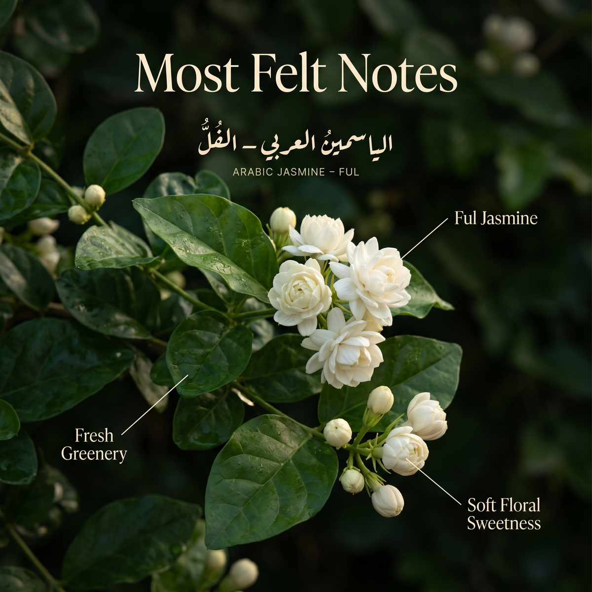 Arabic Jasmine Ful perfume scent notes infographic showing Ful jasmine flowers, fresh greenery, and soft floral sweetness