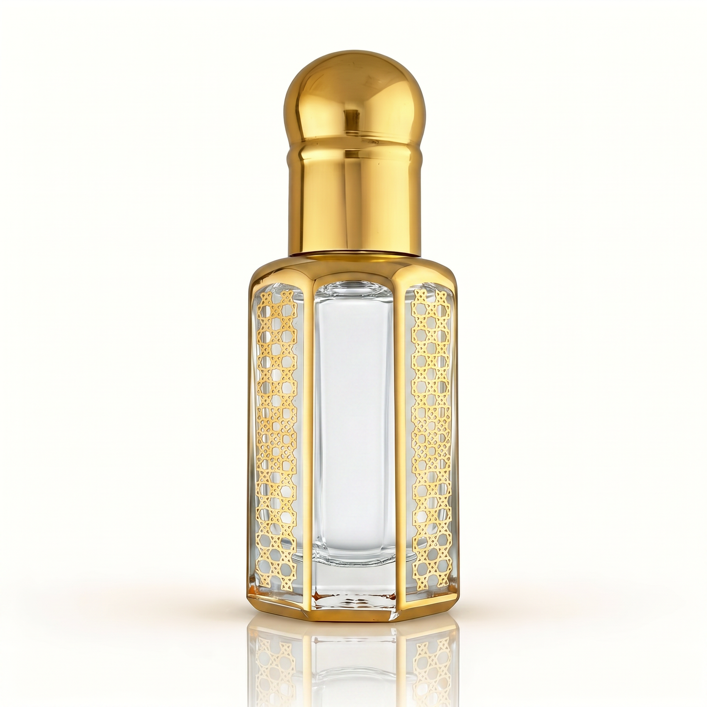 OudSpot Aventus-inspired fragrance oil in an ornate clear glass attar bottle with polished gold detailing.