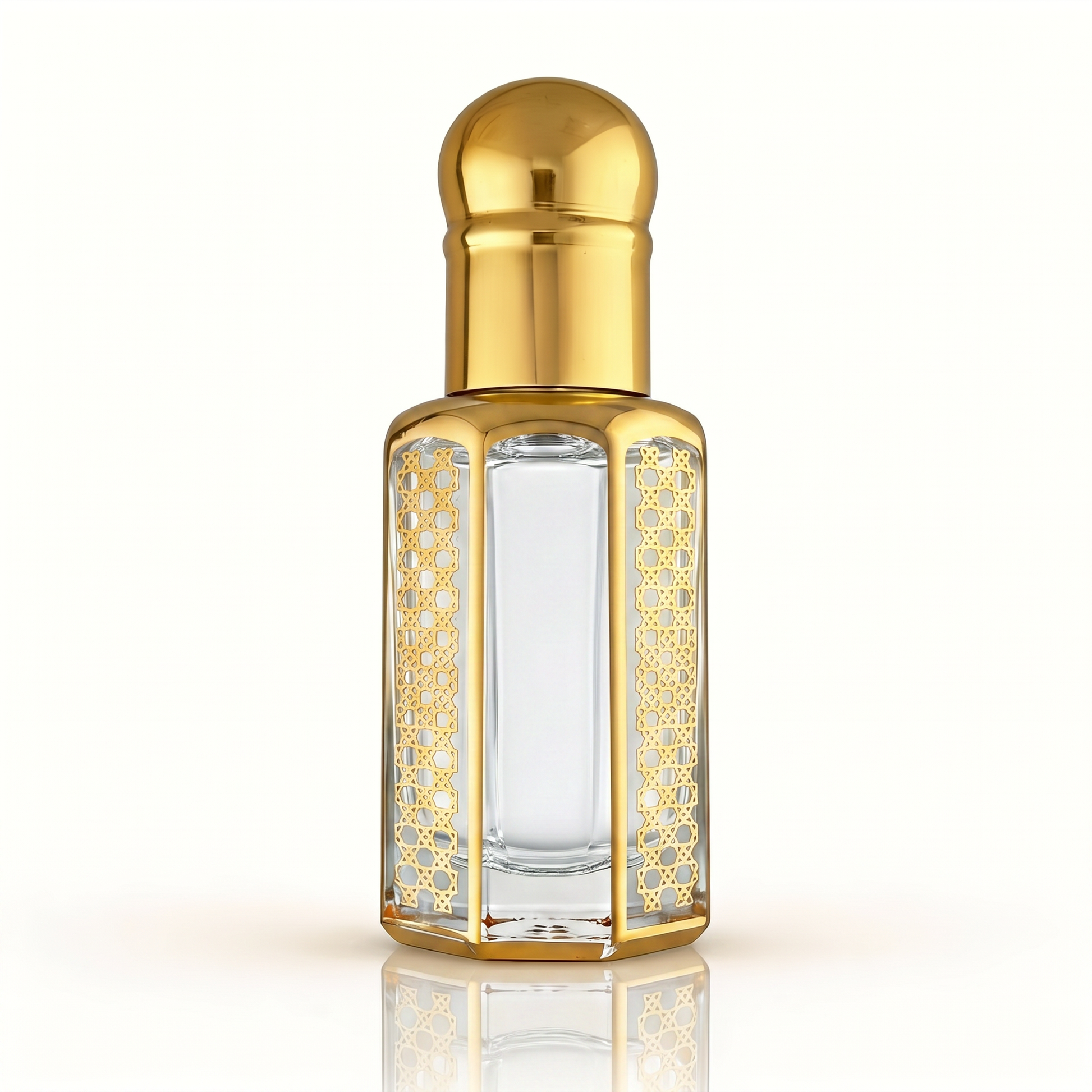 OudSpot Aventus-inspired fragrance oil in an ornate clear glass attar bottle with polished gold detailing.