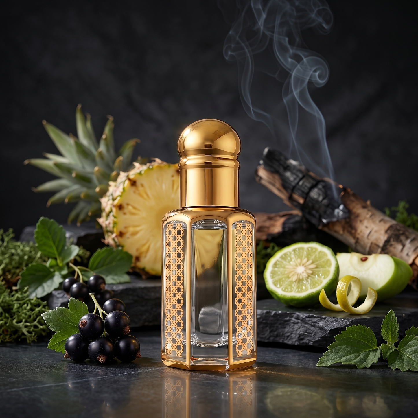 OudSpot Aventus-inspired fragrance oil with pineapple, blackcurrant, citrus, green apple, smoky birch and oakmoss.