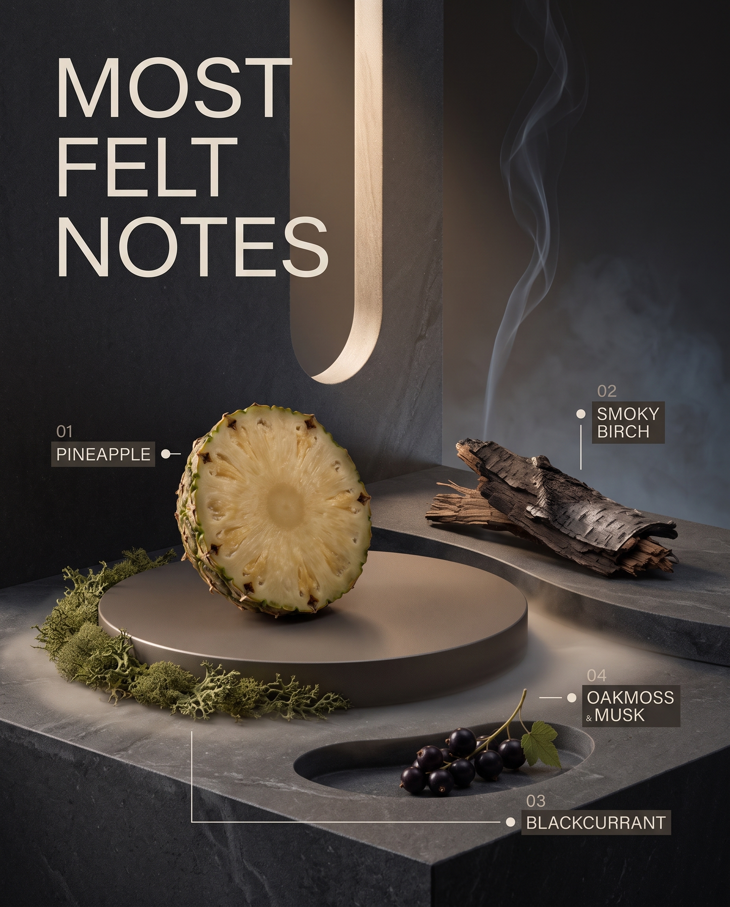 Most felt notes of an Aventus-inspired scent featuring pineapple, smoky birch, blackcurrant, oakmoss and musk.