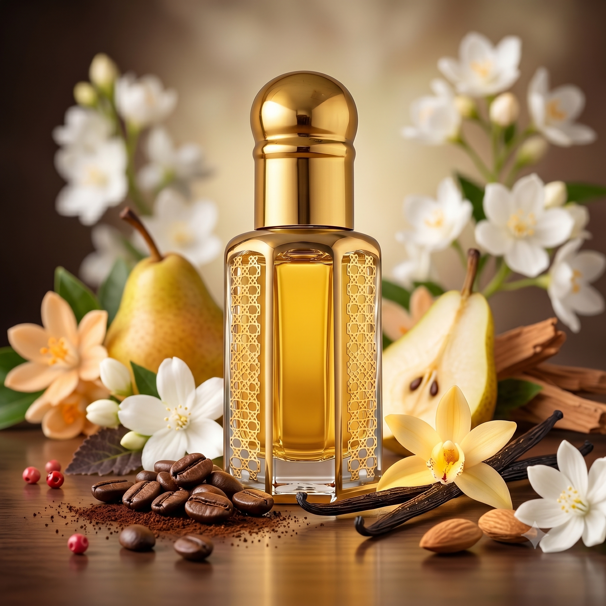 An ornate gold bottle of Black Opium inspired fragrance oil surrounded by raw scent ingredients including pear, vanilla pods, coffee beans, and white jasmine flowers on a wooden surface.