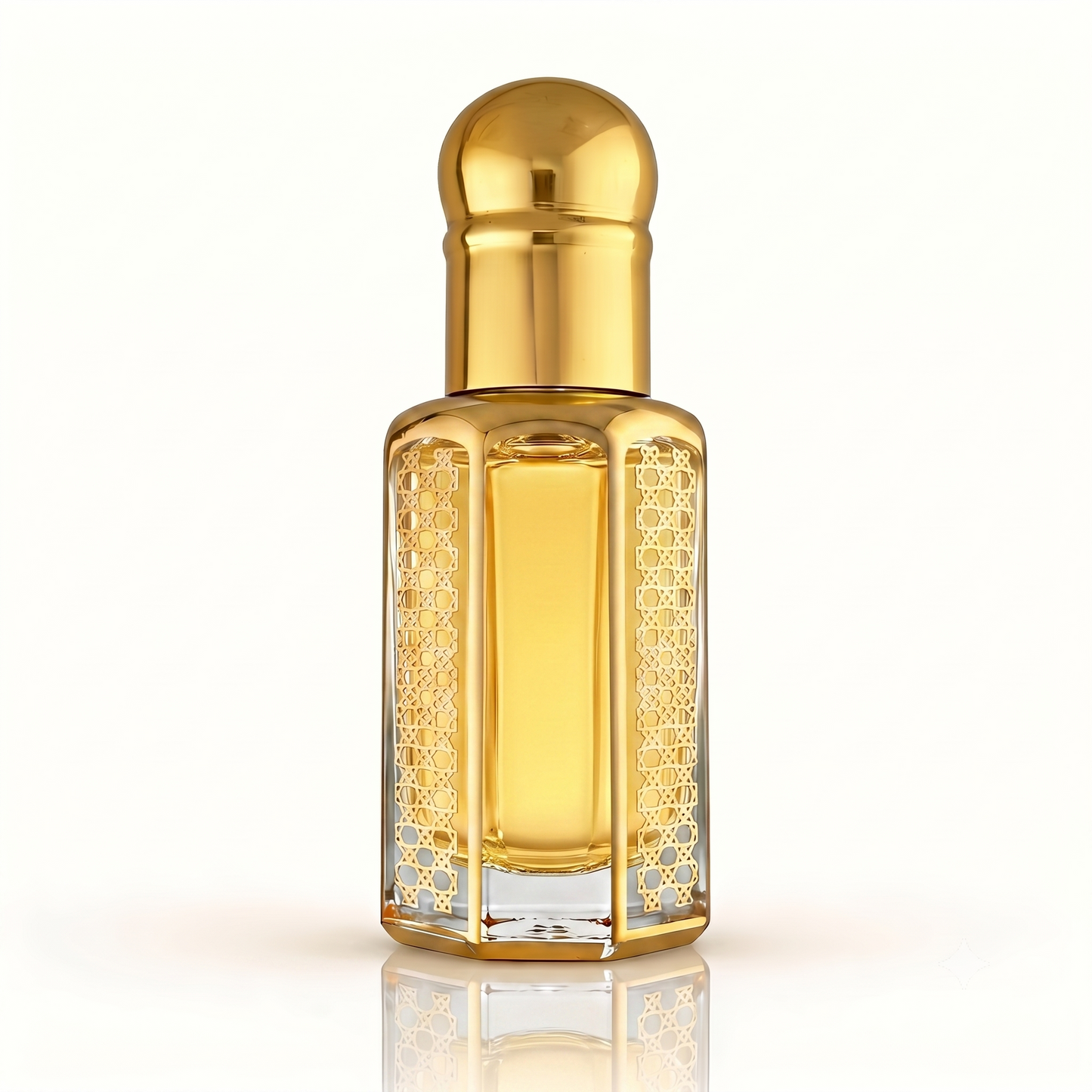Ornate gold hexagonal glass bottle of Black Opium inspired fragrance oil isolated on a clean white background with a subtle reflection.