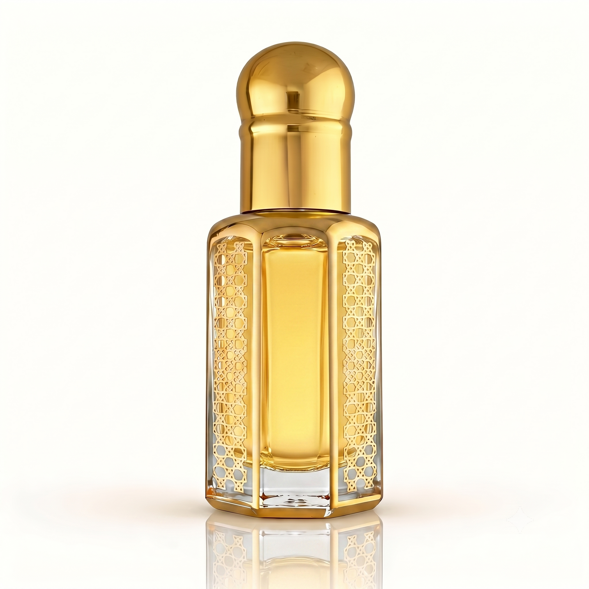 Ornate gold hexagonal glass bottle of Black Opium inspired fragrance oil isolated on a clean white background with a subtle reflection.