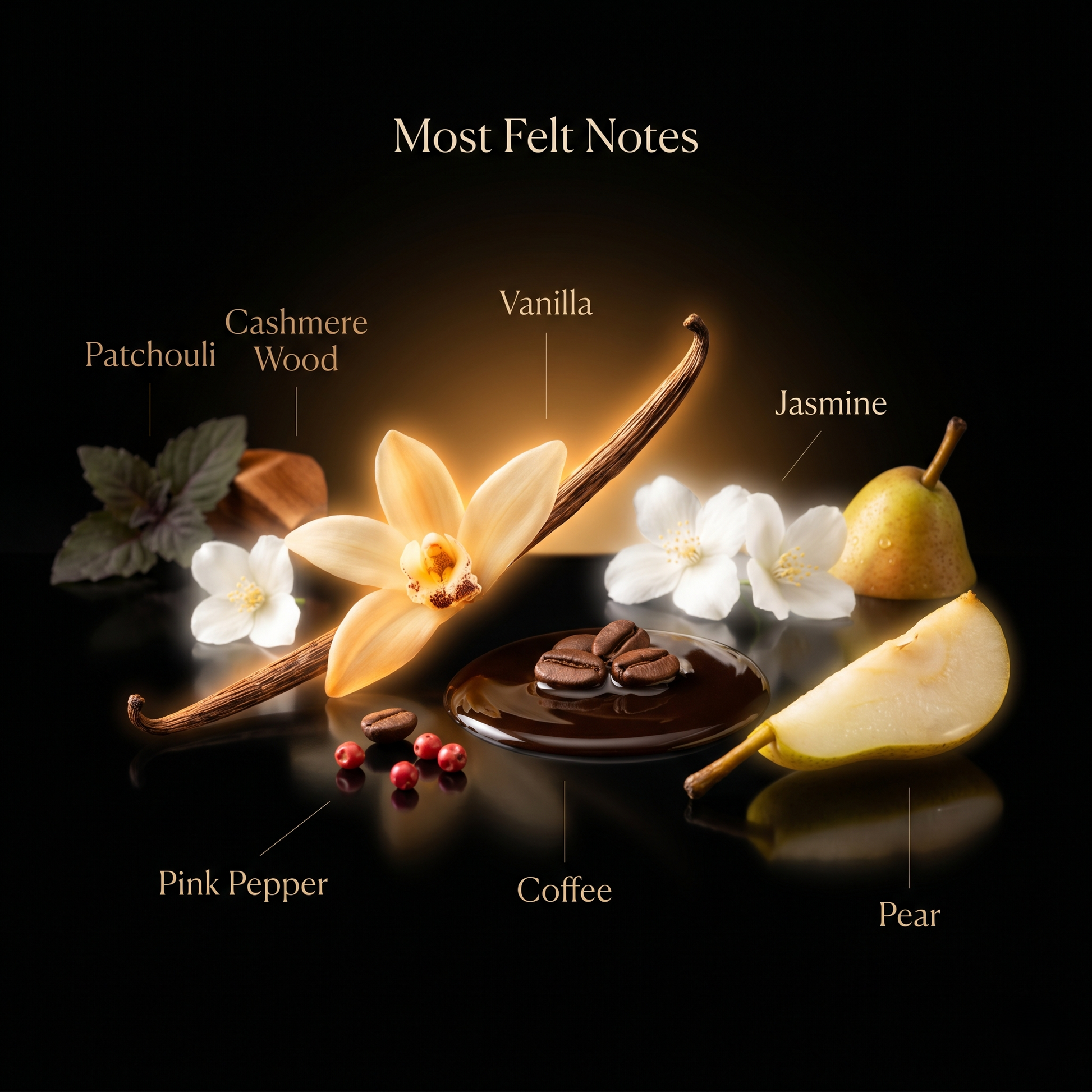 A visual breakdown of Black Opium inspired fragrance oil scent notes, featuring vanilla, coffee beans, jasmine flowers, pear, pink pepper, patchouli, and cashmere wood on a dark background.