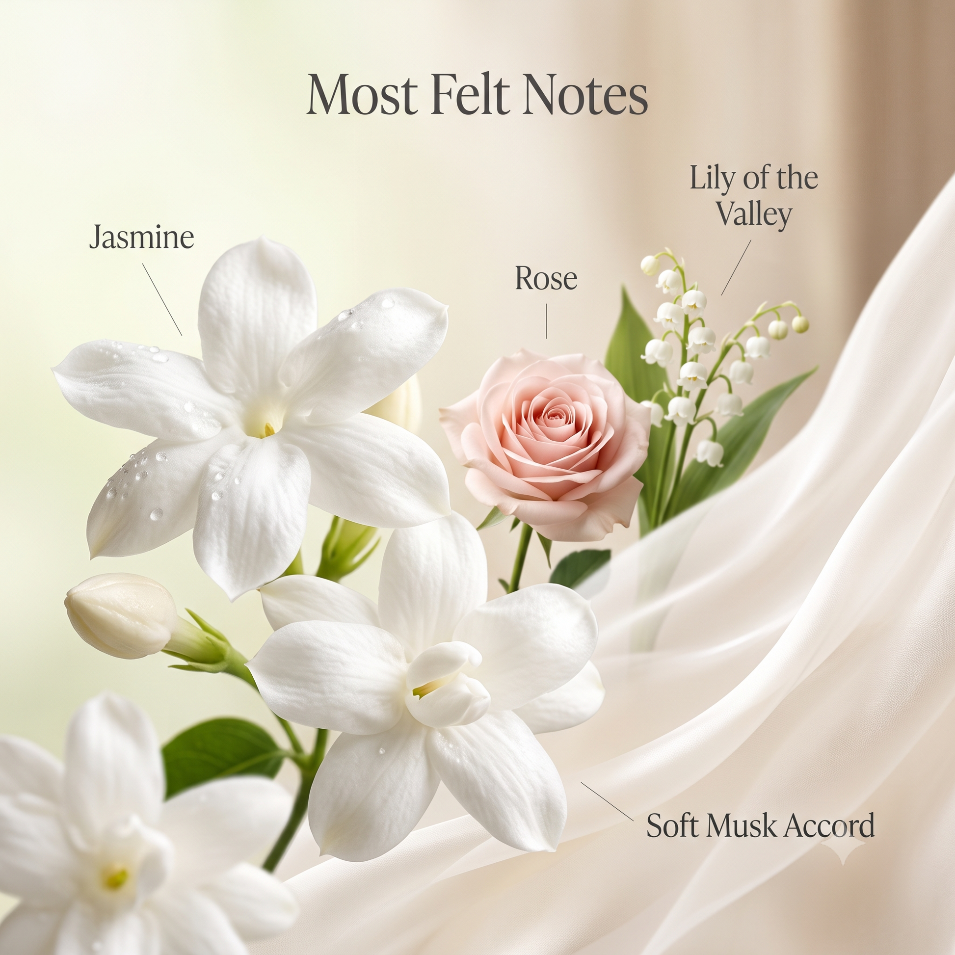 Scent profile for Khilkhal floral musk showing jasmine, pink rose, and lily of the valley flowers resting on draped white fabric.