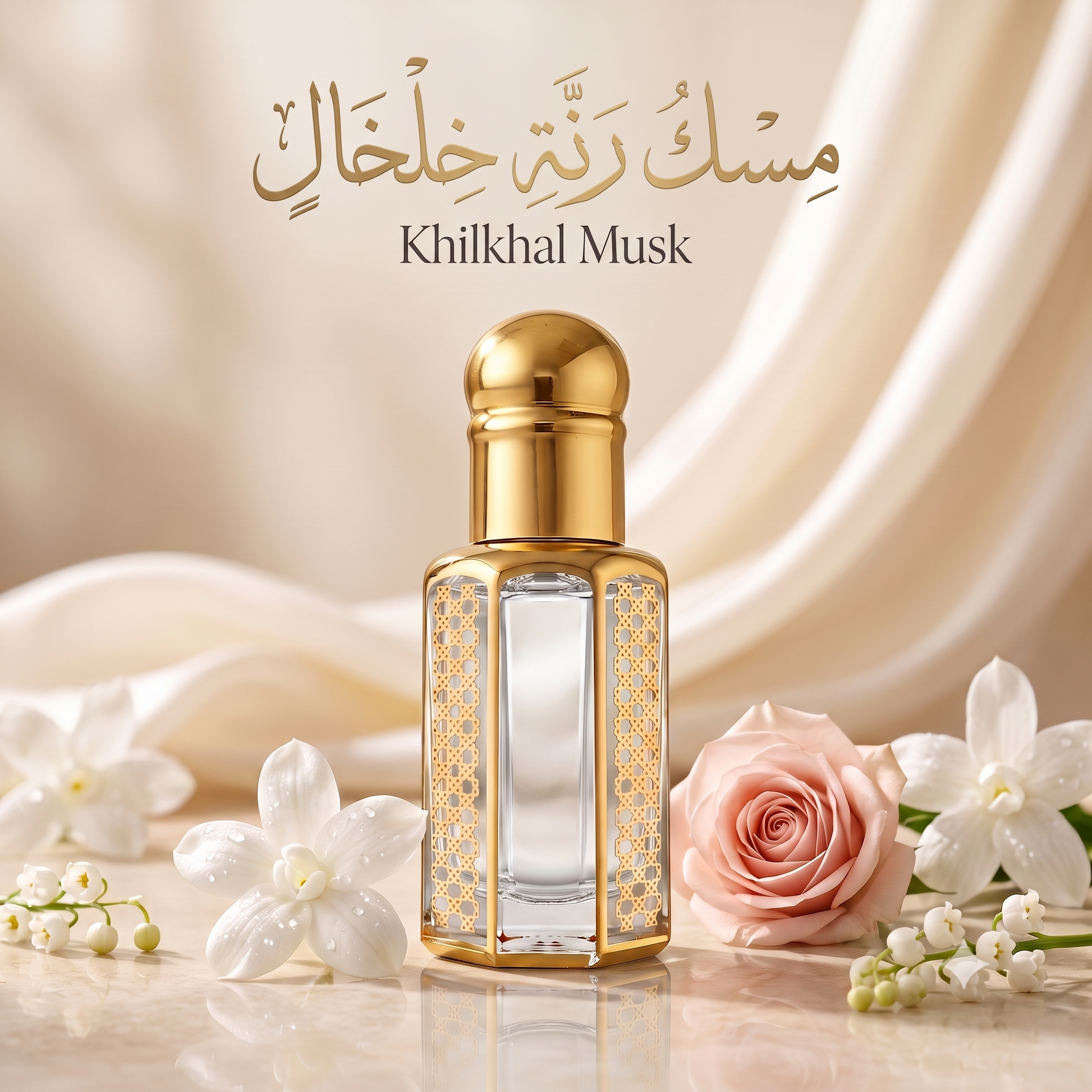 Khilkhal white musk fragrance oil bottle surrounded by jasmine and rose, displaying the Arabic product name مسك رنة خلخال