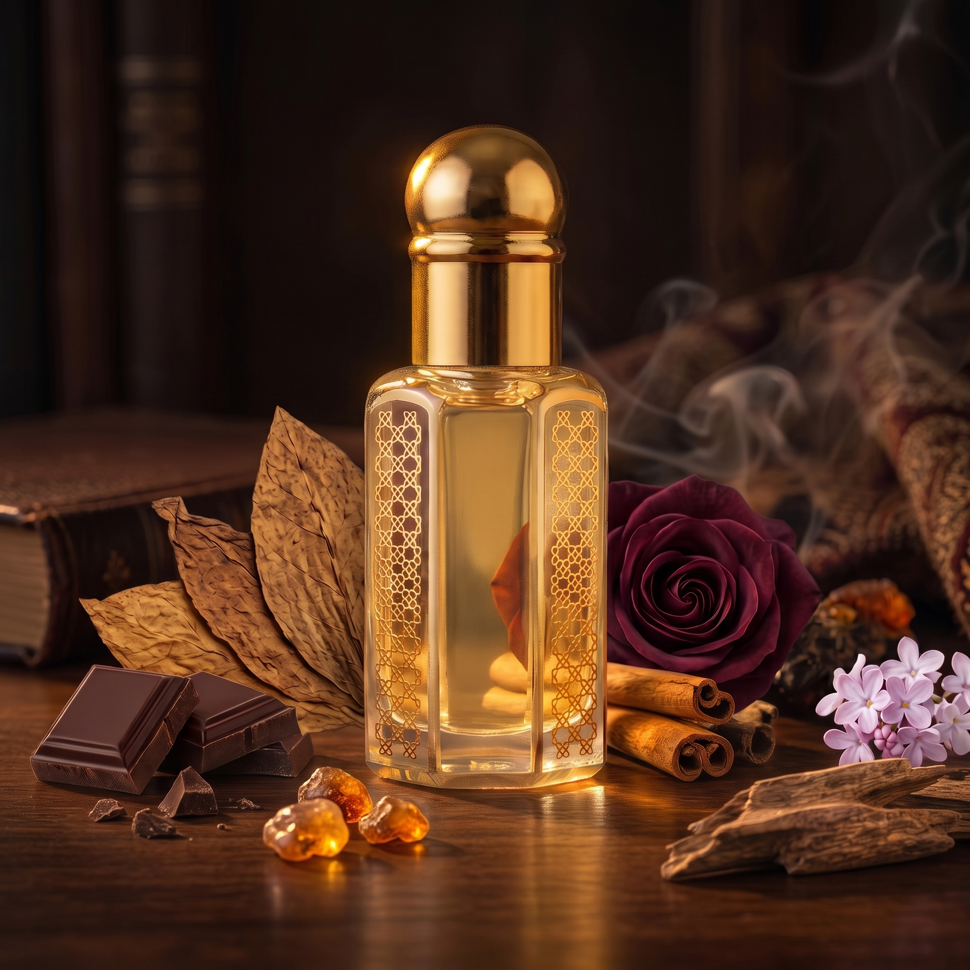 Mexican Tobacco perfume oil bottle displayed in a luxury setting, surrounded by scent notes of tobacco leaves, dark chocolate, amber, rose, and cedarwood.