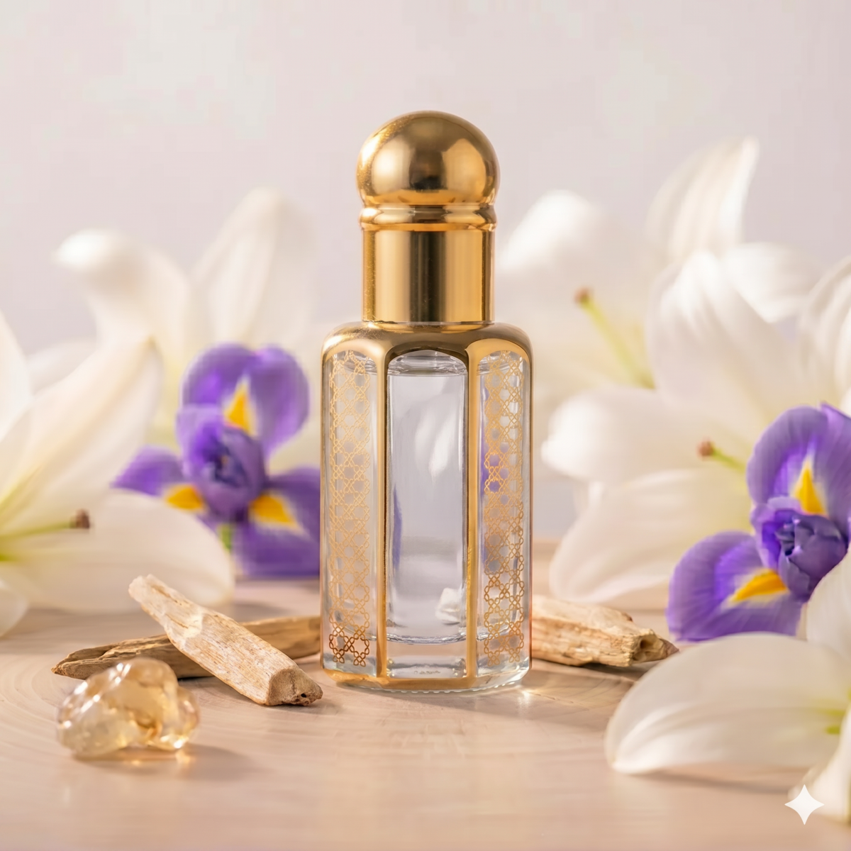 Musk Al Khetam perfume oil in a gold-accented luxury bottle. Product photography showcasing the scent notes of white musk, lilies, iris, and agarwood (oud) in an elegant, bright floral setting
