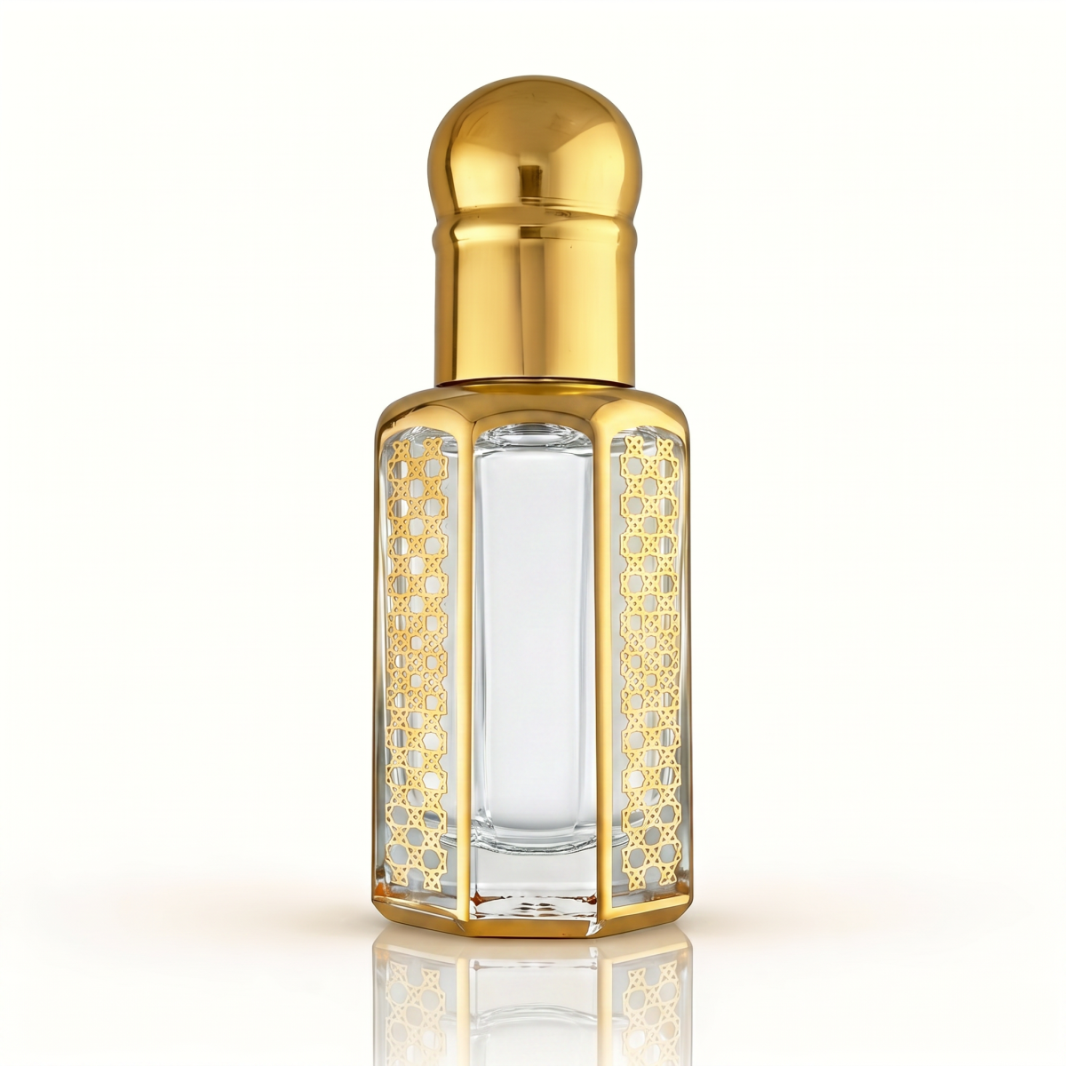 Musk Al Khetam perfume oil in a luxury gold-trimmed bottle. A clean, minimalist product shot of transparent white musk oil in an ornate gold-accented glass bottle, ideal for premium fragrance collections.