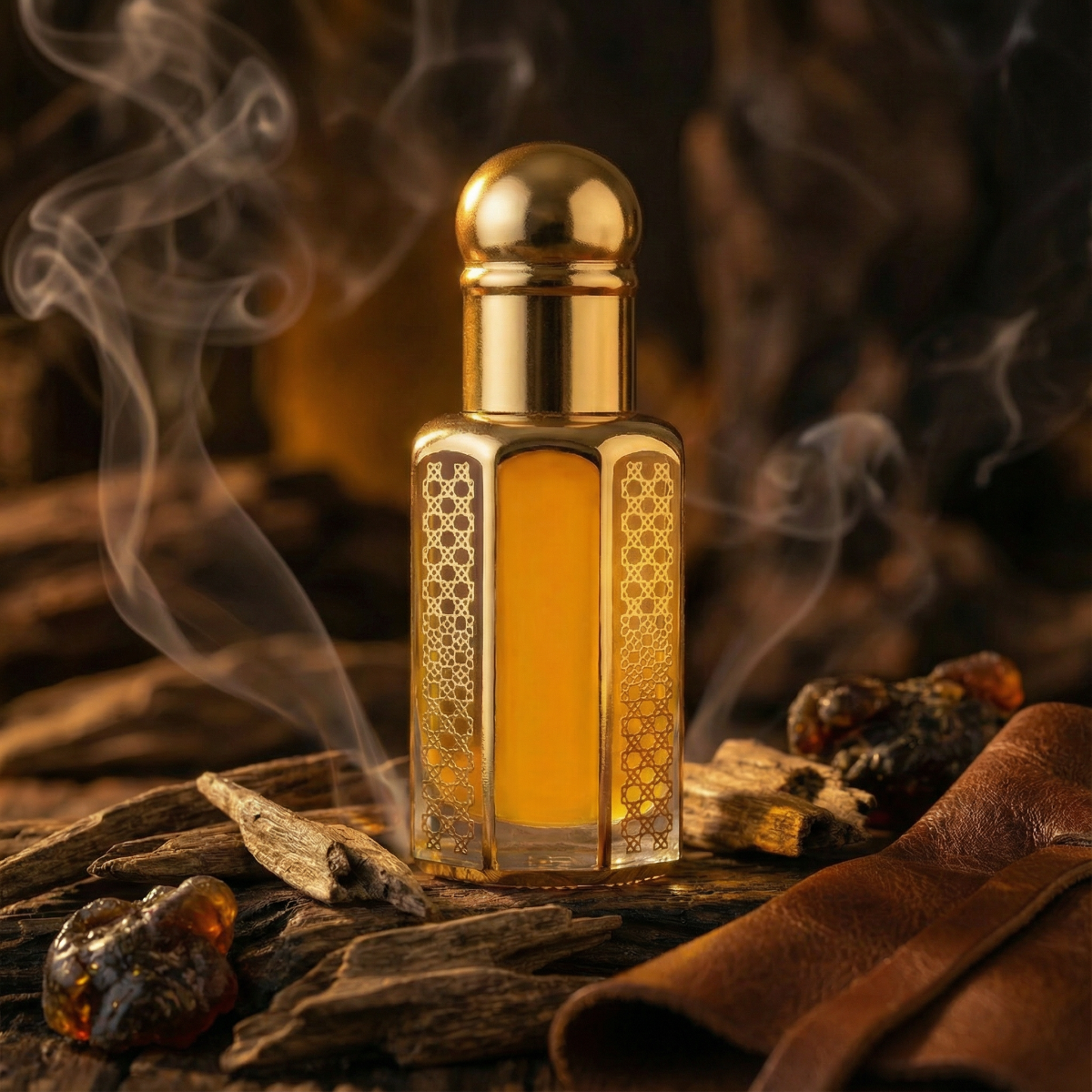 Ombre Nomade inspired perfume oil with smoky oud rose and amber background.