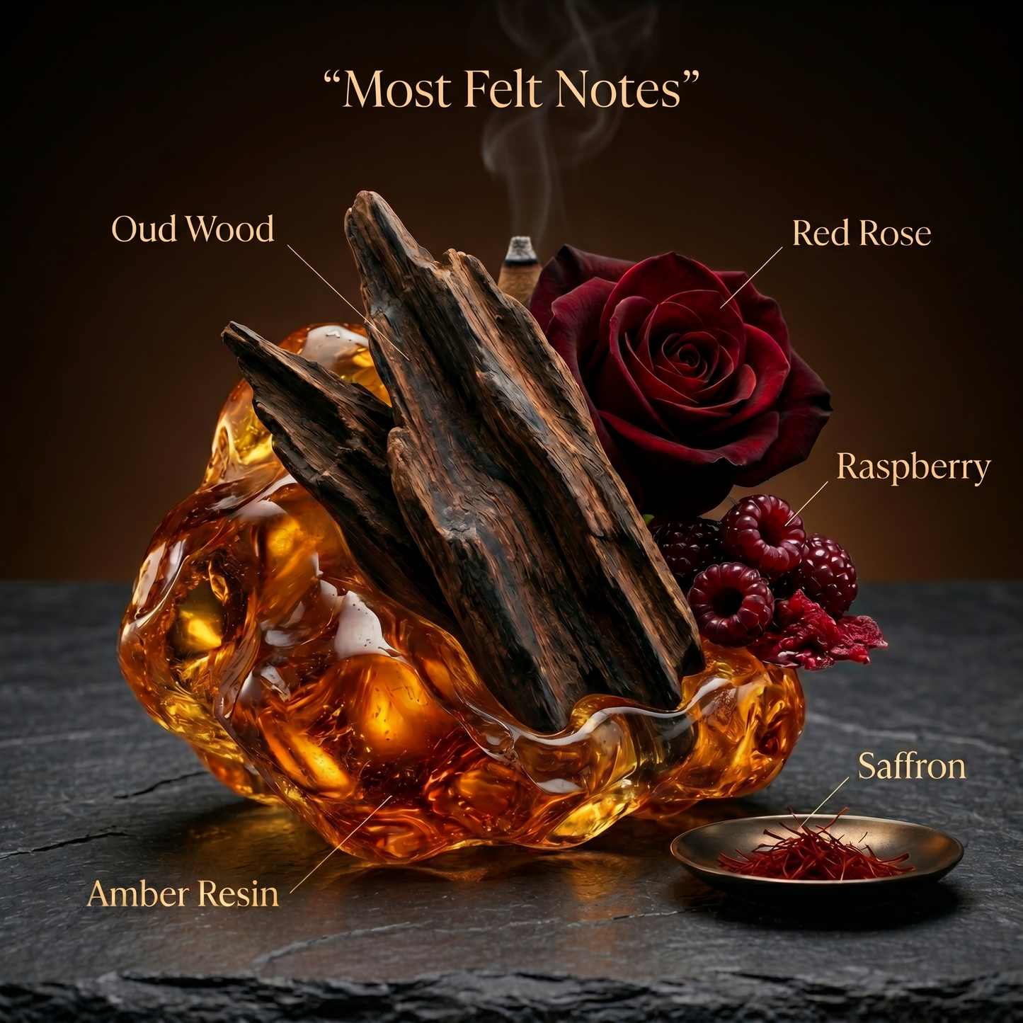 Ombre Nomade fragrance oil scent profile with smoky oud wood, amber resin, deep red rose, raspberry, and saffron in a dark warm luxury style.