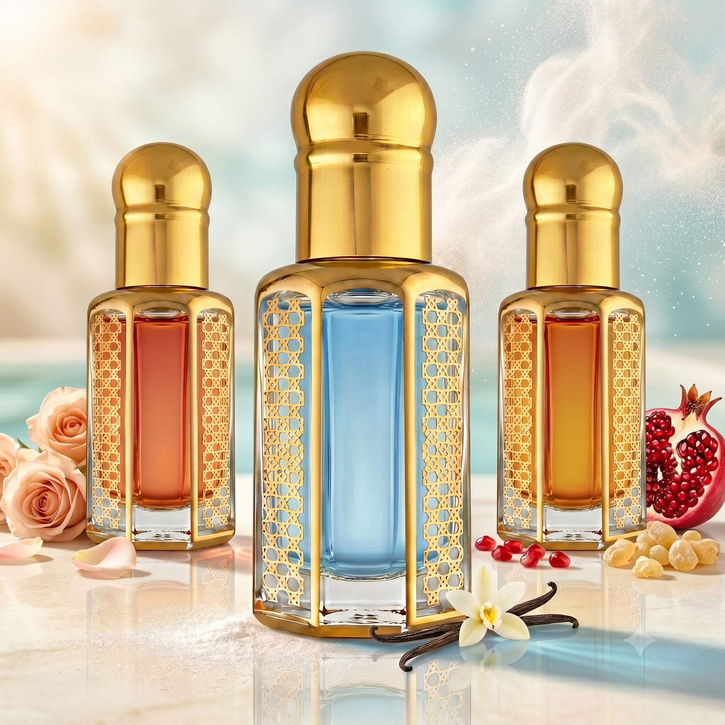 OudSpot Summer Musk Bundle with three luxury perfume oil bottles surrounded by vanilla, powder musk, roses, pomegranate and frankincense in a warm summer setting