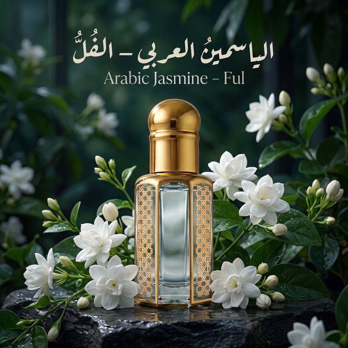 Arabic Jasmine Ful attar perfume bottle surrounded by fresh white Arabian jasmine flowers and green leaves