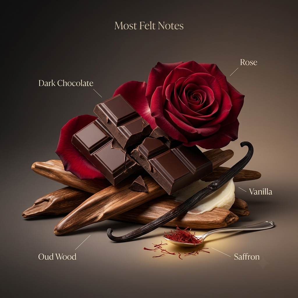 Resala perfume notes with rose, oud wood, dark chocolate, vanilla and saffron in a luxury fragrance mood