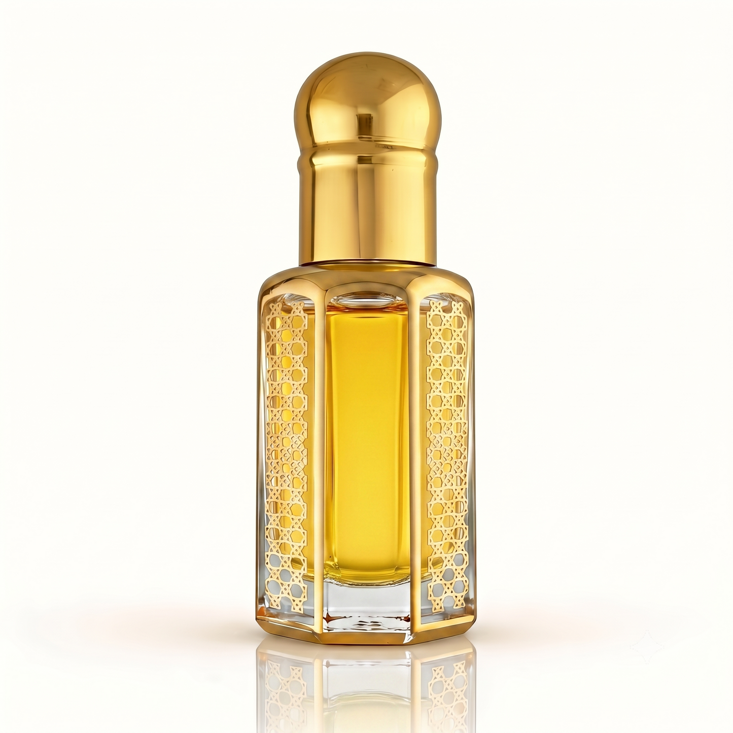 Shay by Anfasic Dokhoon perfume oil in a gold bottle with rich golden-yellow oil on a white background