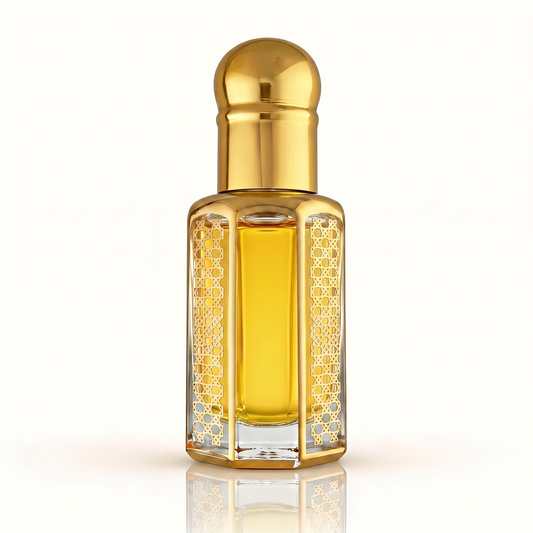 Shay by Anfasic Dokhoon perfume oil in a gold bottle with rich golden-yellow oil on a white background