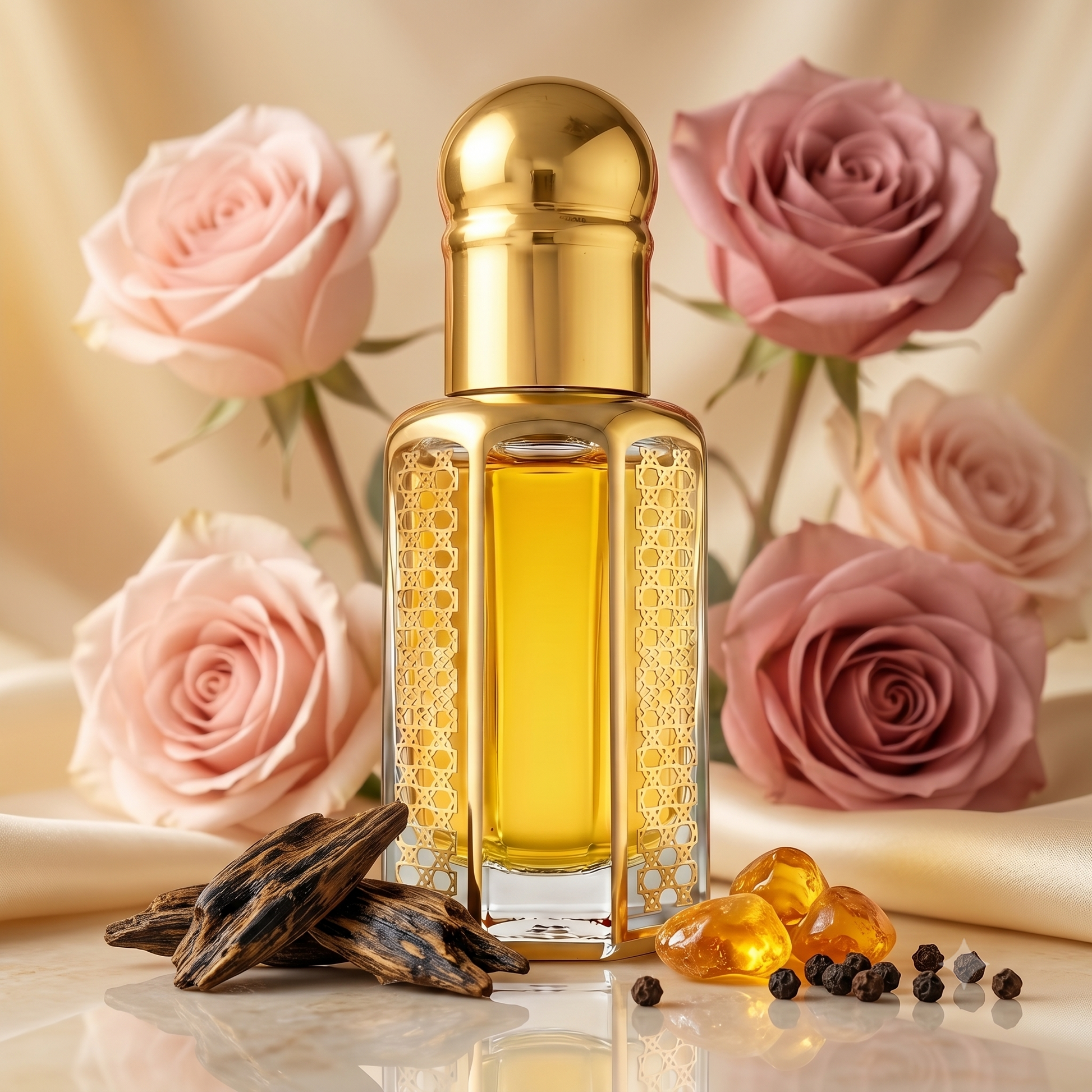 Shay perfume oil with rose flowers, resinous oud wood, amber and black pepper in a luxury scent composition
