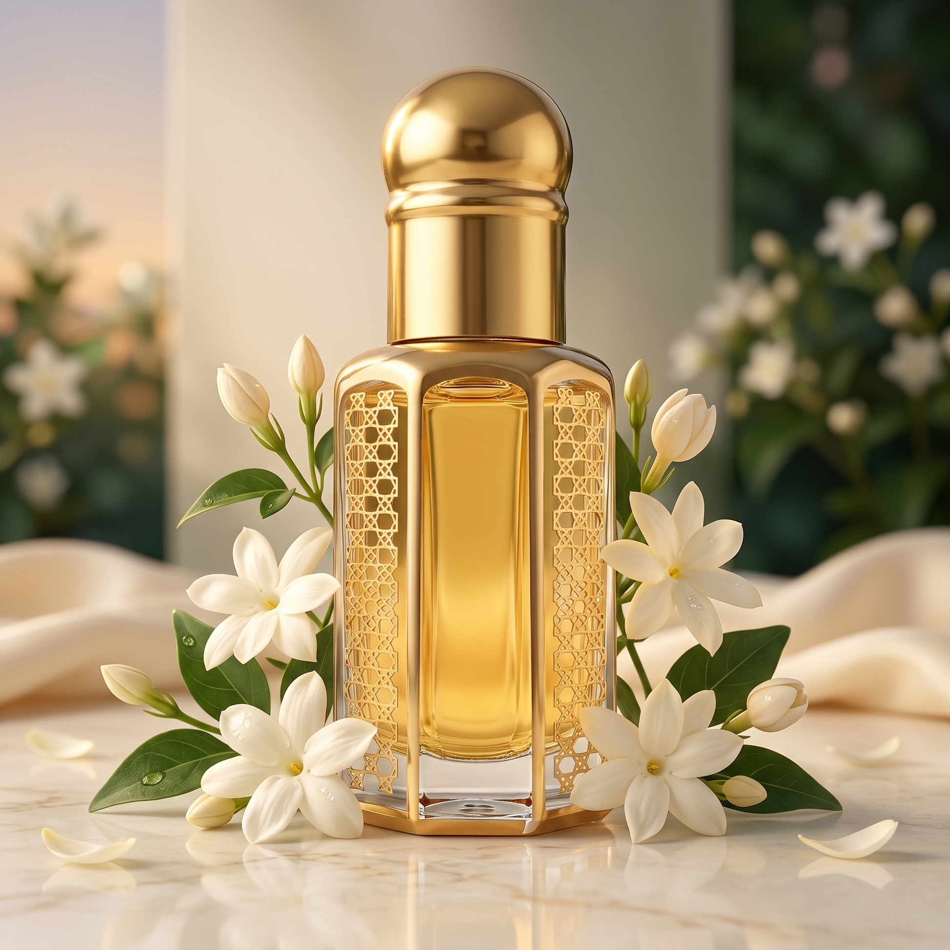 A luxurious gold and glass bottle of sweet Sambac jasmine perfume oil surrounded by fresh white jasmine flowers and green leaves on an elegant marble surface.