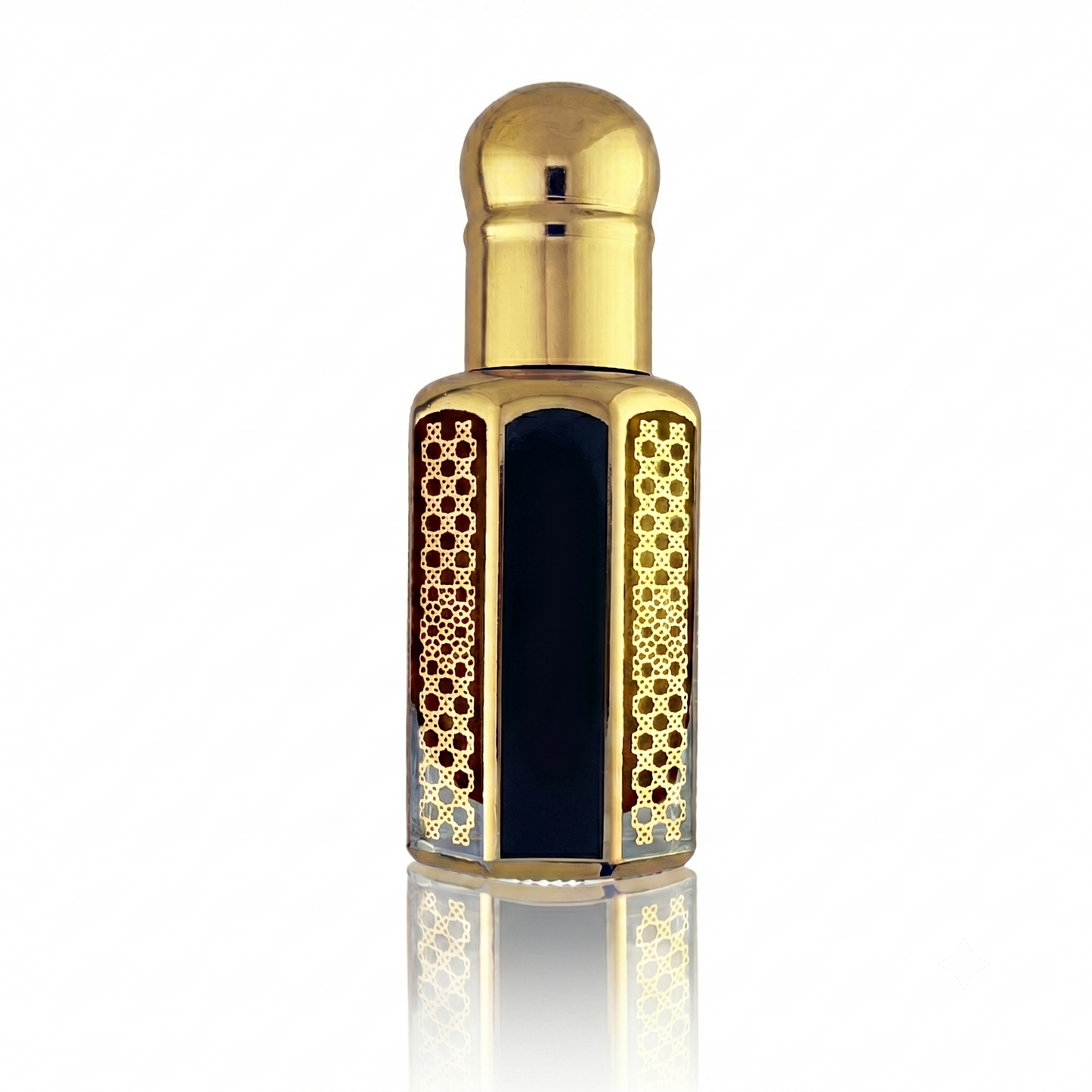 Tobacco Oud perfume oil in an ornate gold bottle on a white background.