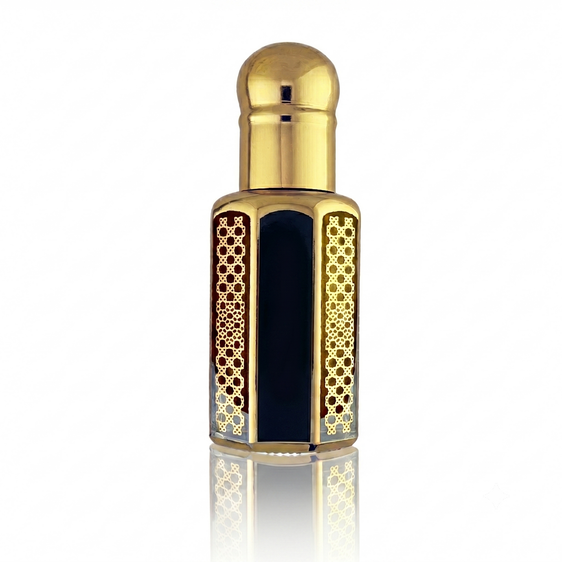 Tobacco Oud perfume oil in an ornate gold bottle on a white background.