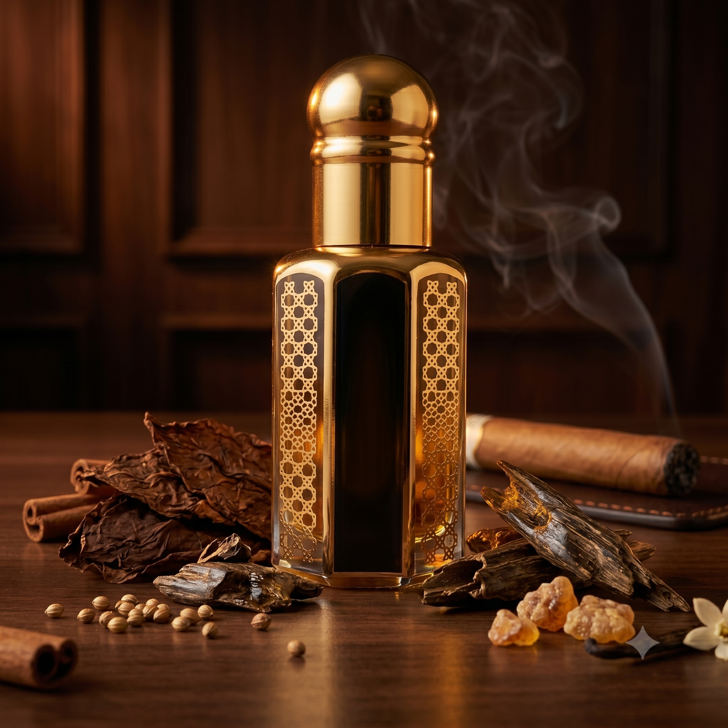 Tobacco Oud perfume oil bottle with dried tobacco leaves, oud wood, cinnamon, coriander, amber resin and incense smoke in a warm dark wood setting