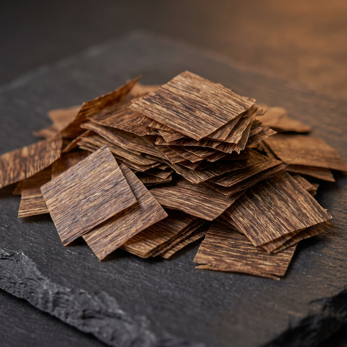 A pile of square-cut Vietnamese oud incense chips stacked on a dark slate surface.